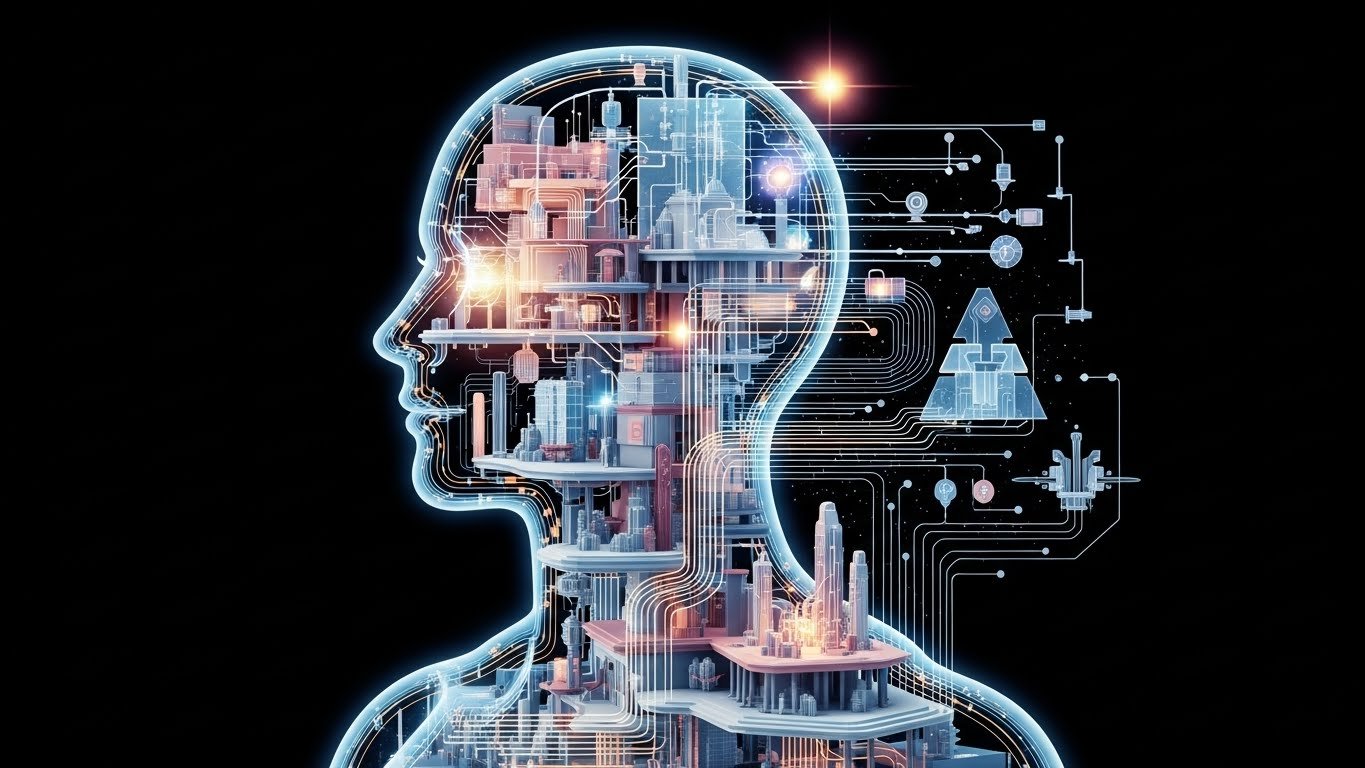 An abstract visual of interconnected structures and pathways within a human silhouette, symbolizing the architecture of self and the layers of modern personal development.