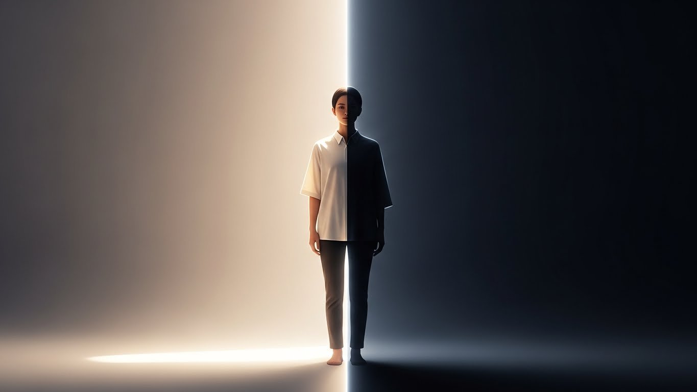 A symbolic image of a person standing in balanced light and shadow, representing shadow integration, self-acceptance, and inner wholeness.